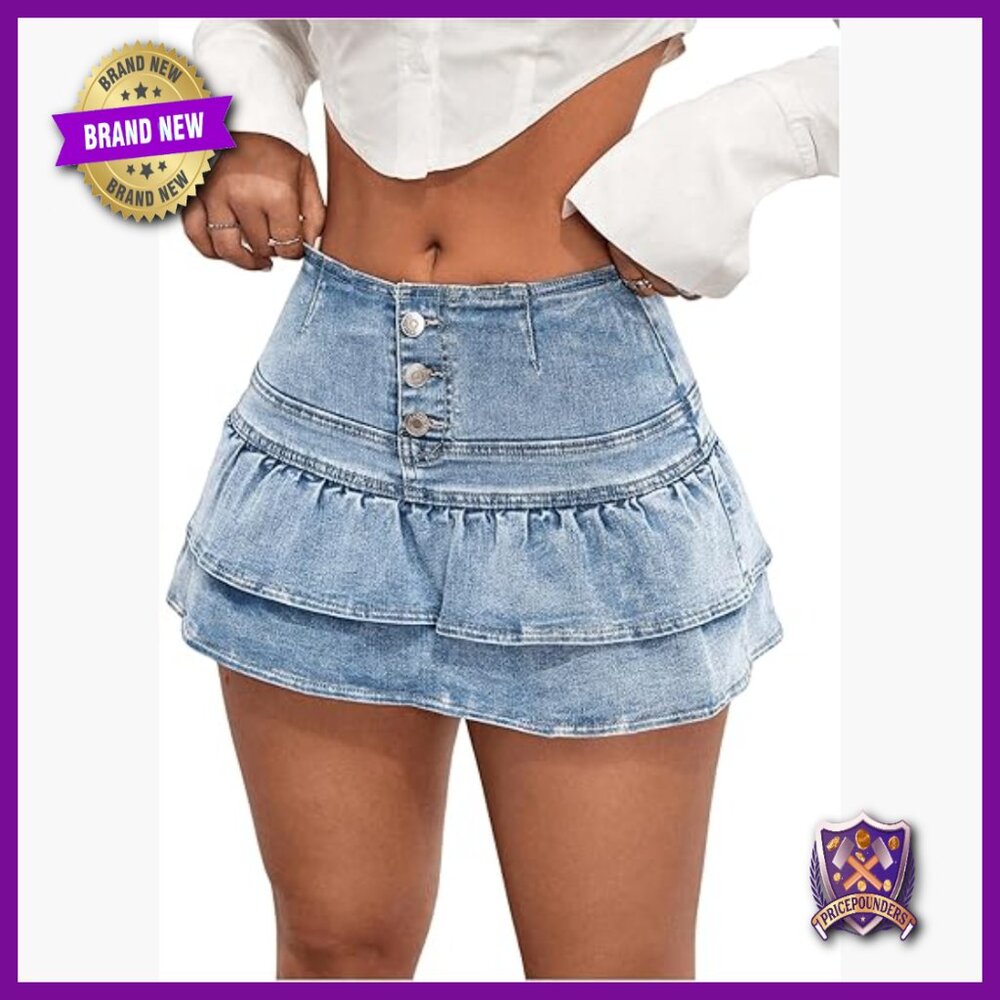 Tiered Ruffle Denim Skorts Button Front Mini Skirt Shorts High Rise